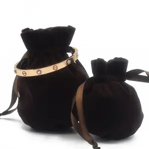 Custom logo printed small luxury gift perfume bracelet pouch brown flannel drawstring velvet jewelry packaging bag