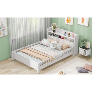 White Full-Size Wood Platform <b>Bed</b> for Kids Built-In LED Light Storage Headboard Guardrail - Product Image 5