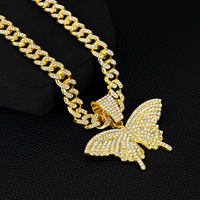 Collar de Cadena Cubana con Colgante de Mariposa de Aleación de Zinc con Diamantes, Oro y Plata, 124g, para Hombres y Mujeres, Joyería Hip Hop, Regalo