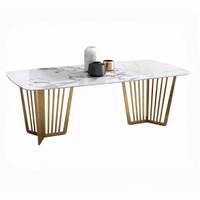 Ensemble de salle à manger moderne de luxe avec table en pierre et 6 chaises pour la maison/le restaurant, avec support en acier doré, ensemble de meubles de salle à manger rectangulaire