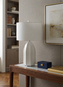 Modern Simple Eco-Friendly White Ceramic LED Electric Dimmable Table <b>Lamp</b> with Fabric Lampshade Plug-In for Bedroom Home Decor - Product Image 5