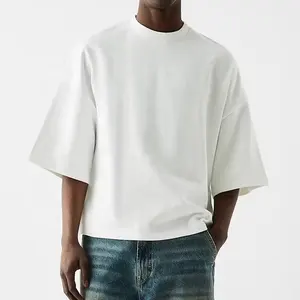 男士半袖高品质100% 棉宽松街装t恤重量级300gsm短款白色超大平纹t恤