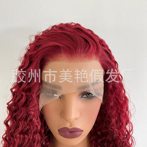 Venta Directa de Fábrica, Cabello Sintético con Encaje Frontal 13x4, Color Rojo Vino Natural, Rizo Pequeño, Fibra de Alta Temperatura, Rizo Africano - Product Image 2
