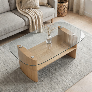 Oval Tempered Glass Coffee Table with 2-Tier <b>Storage</b> Shelf Curved Wooden Frame Center Tea Table Living Room Furniture - Product Image 2