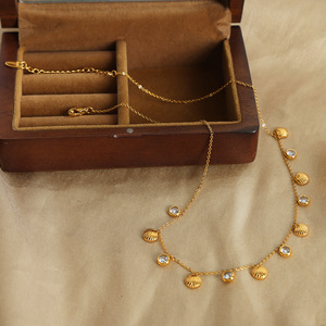 18K Gold Stainless Steel Double Layer Shell and Round Zircon Disc Classic <b>Choker</b> Necklace | Hypoallergenic Waterproof Design - Product Image 3