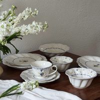 Service de vaisselle en porcelaine de style français vintage à motif végétal, assiette à dessert, bol, tasse à café, soucoupe, assiettes ovales profondes, compatible micro-ondes