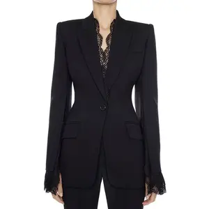 Womens Notched Revers Single Button Werk Office Blazer Jas Met Kant