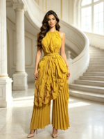 Ensemble pantalon élégant et décontracté Miyaki Midi Plus Size, col halter, pantalon plissé à jambes larges, tenue 2 pièces pour femmes