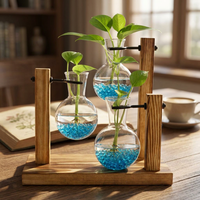 Vase en verre hydroponique en gros avec support en bois, station de propagation de plantes de bureau, vase à fleurs, terrarium, prix d'usine