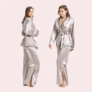 Conjunto de pijama de seda orgânica, prata cinza, alta qualidade, roupa de dormir para mulheres, traje noturno, 2 peças