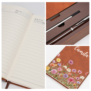 Carnet A5 en cuir PU végétalien personnalisé avec nom et fleur de naissance, ensemble stylo – Cadeau d'anniversaire, fête des Mères, pour maman et femme - Product Image 5