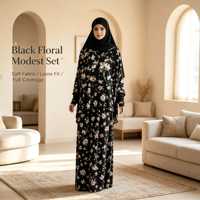 Kaftan Abaya fleuri pour femmes musulmanes grandes tailles - Robe de prière modeste en polyester respirant