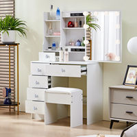 Ensemble de coiffeuse moderne en bois blanc avec miroir éclairé et rangement pour la chambre à coucher - Table de toilette pour filles