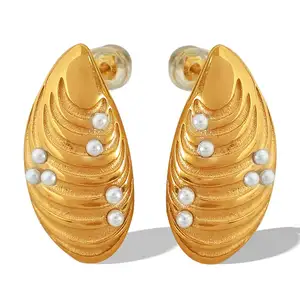 FANJIN JEWELRY EH203 New Stainless Steel Shell Gum Bead Earrings 18K Gold Plated Fashion Earrings Jewelleryk Earrings Studs