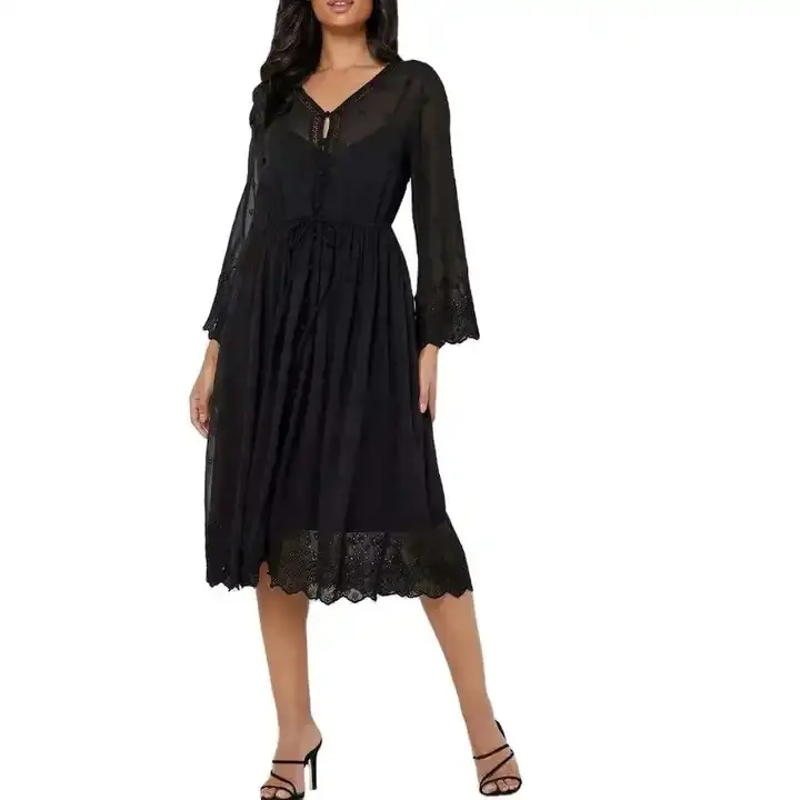 Prix usine sexy à manches longues sexy grande taille 100% coton couleur noire respirant robes de soirée décontractées pour femmes