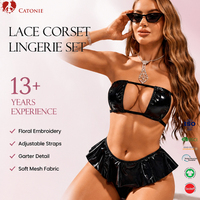 Ensemble de lingerie sexy en cuir PU noir pour femme, soutien-gorge et culotte, jupe à volants en vinyle, costume, sous-vêtements, vêtements intimes tendance
