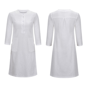 Cộng Với Kích Thước Bình Thường Rắn Màu Cotton Linen Phụ Nữ Dài Tay Áo Áo Dài Kaftan Ăn Mặc Giản Dị Nút Làm Việc OL Sundress Áo Rắn Ăn Mặc - Product Image 4