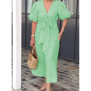 เดรสผ้าฝ้ายแขนพองผูกโบว์คอวีแฟชั่นใหม่สำหรับผู้หญิง - Product Image 6