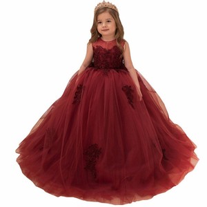 Темно-красное Тюлевое платье с цветочным принтом для девочек, милое кружевное платье с аппликацией на шнуровке сзади для маленьких девочек, наряды для конкурса
