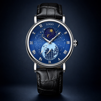 Nouvelle montre mécanique automatique pour homme, style affaires, en métal, étanche 30M, avec cadran bleu planétaire lumineux, ciel étoilé et aiguille des phases lunaires