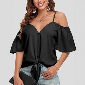 Camiseta sin Tirantes para Mujer, Estilo Casual, Cuello en V Profundo, Poliéster, Color Sólido, con Cordones, Elegante, Nueva Colección <span class=keywords><strong>de</strong></span> Verano - Product Image 1