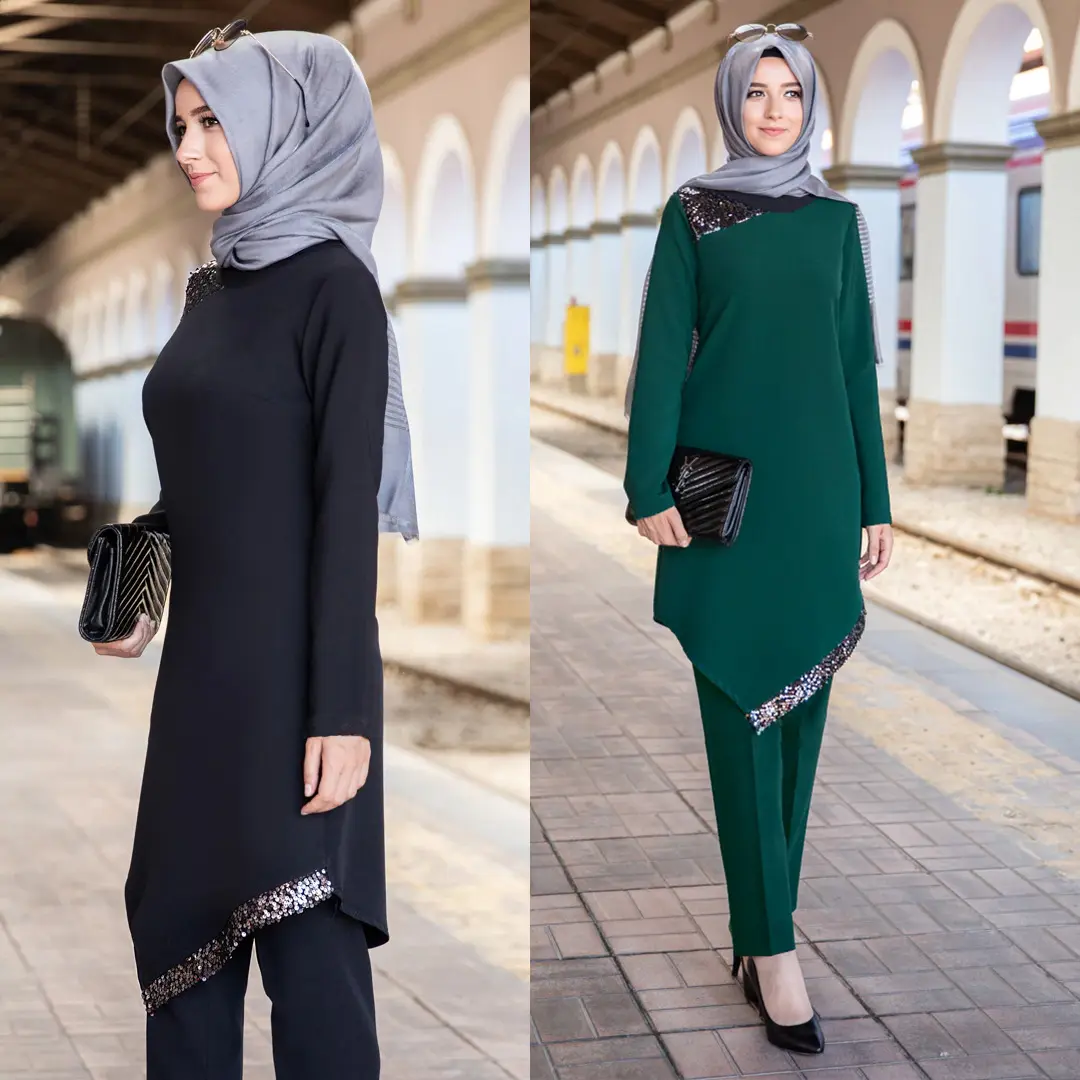 Vrouwen Hijab Pak Zwarte Broek Gedessineerde Tuniek Combinatie Islamitische Moslim Kleding Nieuwe Seizoen Gemaakt In Turkije Hoge Kwaliteit Crêpe