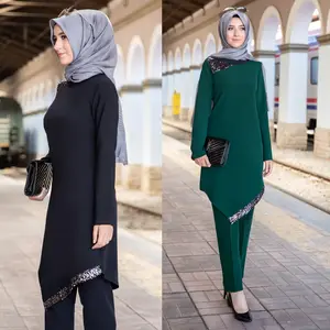 Women Hijab Suit Black Pants Patterned Tunic Combination Islamic Muslim Clothing New Season Made in Turkey High Quality Crepe