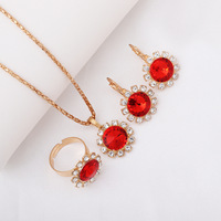 Parure de bijoux plaqué or avec strass, collier, boucles d'oreilles et bague, cristaux colorés, mignonne, pour fête, anniversaire, fiançailles