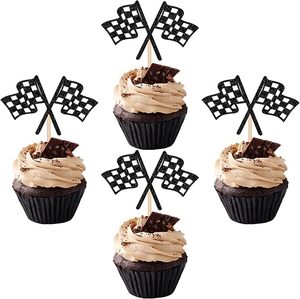 Adornos para Cupcakes con Bandera de Carreras a Cuadros, Decoración con Brillantina Negra para Cupcakes con Bandera de Meta de Carreras, para Fiestas de Cumpleaños con Temática de Carreras - Product Image 6