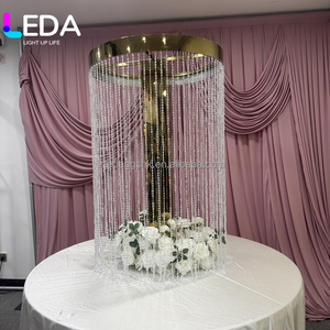 Décoration de rideau de perles en acrylique LEDA, supports de fleurs de table de mariage, supports de fleurs ronds en métal doré miroir, centres de table - Product Image 2