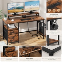 Bureau d'ordinateur 47 pouces avec support pour écran, tiroirs en tissu et prises électriques, bureau de jeu pour la maison ou le bureau, pour chambre à coucher, brun rustique