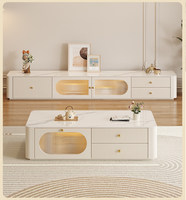 Ensemble Table Basse et Meuble TV Luxe Moderne, Couleur Personnalisable, Bois Massif Pur, Meubles de Salon pour Petit Appartement, Plateau en Pierre