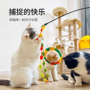 Bâton de chatouillage pour chat en coton doux arc-en-ciel avec tige extensible et clochette à pompon, jouet d'auto-entretenissement pour chaton, jouet pour animaux de compagnie - Product Image 3
