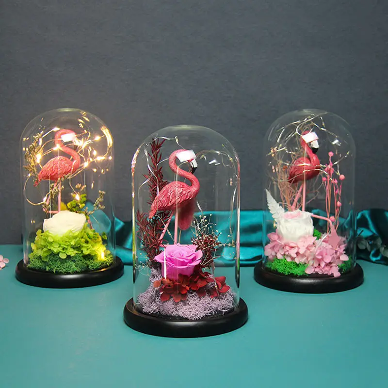 Wholesale Real Eternal Rose Pink Flamingo Type Preserved Rose in Glass Dome