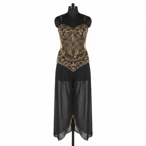 Combinaison de soirée de luxe noire ornée de perles dorées brodées à la main pour femme, avec détails à franges élégants et superposition transparente, parfaite pour les soirées de créateurs. - Product Image 1