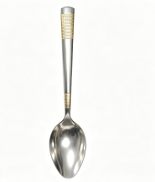 Cuillère à dîner réutilisable en acier inoxydable plaqué or poli miroir, à long manche, durable, motif gaufré vintage, vente en gros