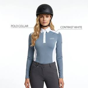 Women's Long Sleeve <b>Equestrian</b> Polo Shirt Polo Collar Contrast White Breathable Mesh Horse Riding Top Customizable - Product Image 1