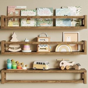 Wooden Wall Mounted <b>Shelf</b> 3 Tier Rectangle Brown Durable Storage <b>Rack</b> For Kitchen Living Room Bathroom - Product Image 3