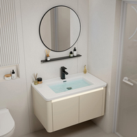 Meuble de salle de bain mural en aluminium, blanc crème mat, avec miroir rond rétroéclairé intelligent à LED et éclairage d'ambiance, ensemble vasque en céramique pour hôtel