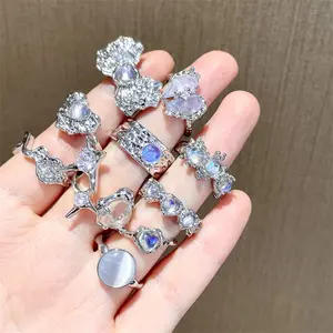 GT 2022 Cincin Korea Hypoallergenic Tahan Air Tidak Teratur Batu Bulan Kucing Batu Permata Cincin Knuckle Ring Set