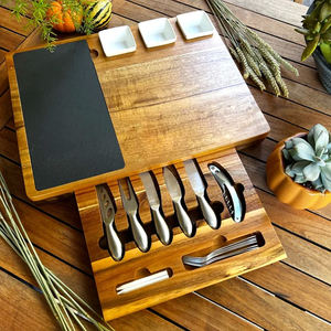 Gran oferta, juego de pizarra y tabla de <span class=keywords><strong>queso</strong></span> de madera, diseño de cajón, bandeja para servir alimentos con cuchillo inoxidable y cuencos de cerámica - Product Image 1