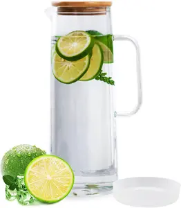 带手柄和木盖的玻璃水壶，适用于冷/热水和冰茶饮料、果汁
