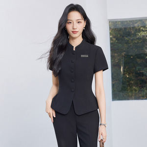 Chinese Style Stand Collar Short Sleeve Suit Set Women Summer Thin High End Professional Hotel Reception Uniform Short Skirt - Product Image 3