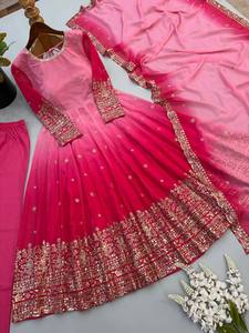 Vestido Anarkali rosa de primera calidad con bordado, diseño festivo de moda con bordado de lentejuelas pesadas y dupatta. - Product Image 2