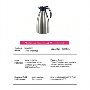 Carafe Thermique Commerciale 2.0L en Acier Inoxydable 304, Isolation Sous Vide, Garantie 5 Ans, Dimensions 138x325mm pour Restaurants et Hôtels - Product Image 6