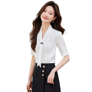 Women's <b>White</b> Short Sleeve Chiffon Shirt With Ribbon Tie Office Professional Blouse Solid Color Polyester Fabric - Product Image 5