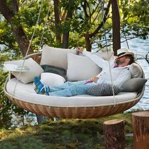 Lit suspendu d'extérieur double, canapé-lit moderne, mobilier <span class=keywords><strong>de</strong></span> jardin pour adulte, lit suspendu rond en rotin et corde pour véranda - Product Image 4