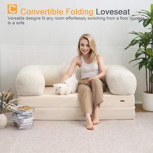 Portable pliable 4-en-1 canapé <span class=keywords><strong>de</strong></span> sol pliable canapé-lit <span class=keywords><strong>futon</strong></span> convertible avec accoudoirs couchette matelas chaise lit Portable Beige - Product Image 1