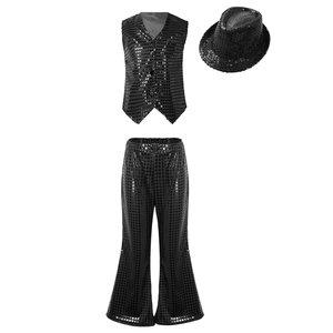 Kids Hand-wash Sparkly Jazz Stage Style Full Sequin V-neck Vest and Flared <b>Pants</b> 3 Piece Set for Boys Girls Custom Performance - Product Image 2