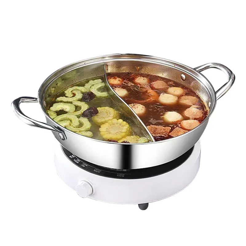 फैक्टरी रसोई स्टेनलेस स्टील पुलाव दो Flavous होट पोट सूप गर्म बर्तन खाना पकाने के बर्तन के साथ 2 डिवाइडर डिब्बों